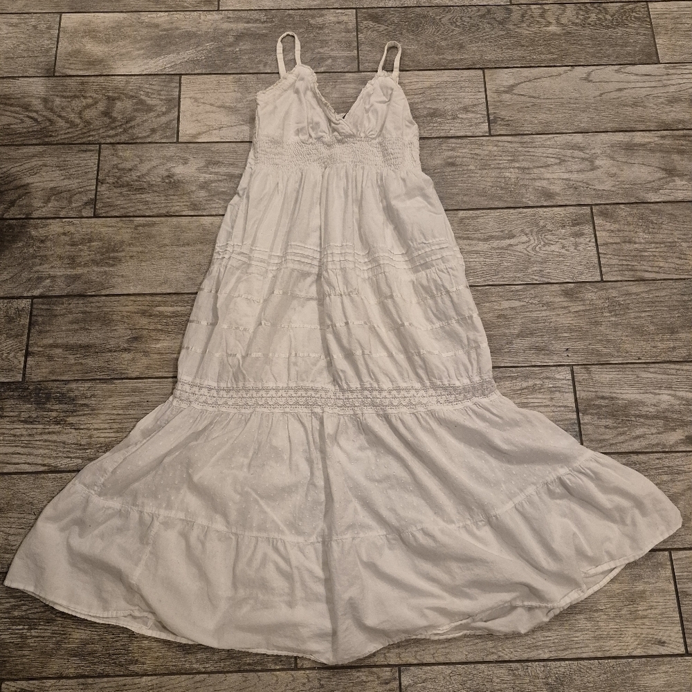 Speed Control NY White Cotton Boho Maxi Dress L - Smocked Eyelet Tiered - Picture 4 of 7